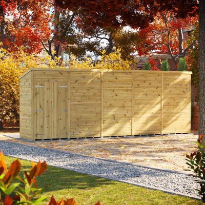 Powersheds 20 x 4ft Premium Pressure Treated Timber Windowless Pent Garden Shed, Double Doors