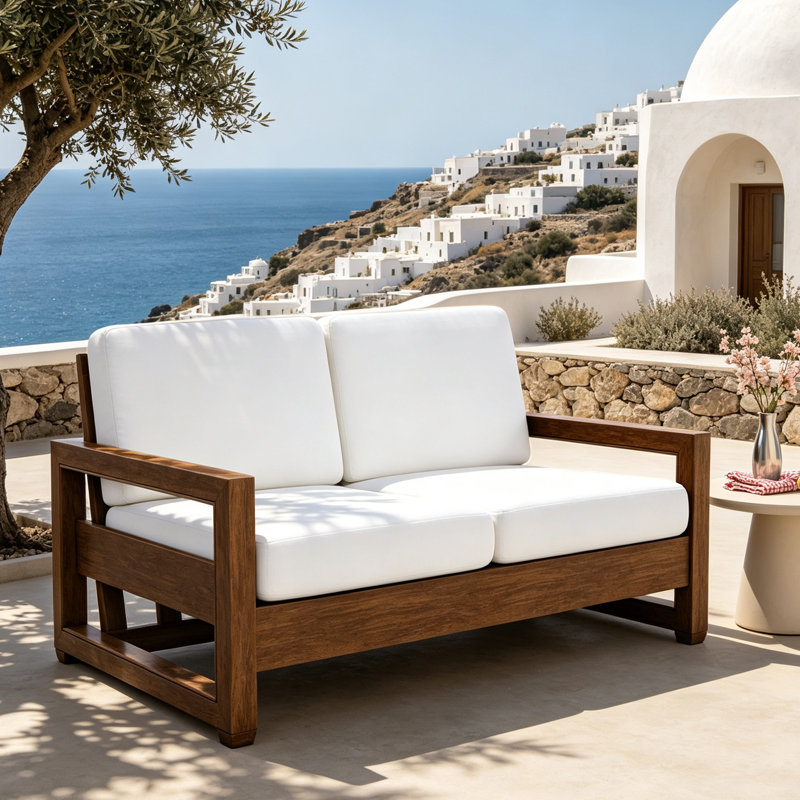 Causeuse d'extérieur en bois de teck massif Gustina avec coussin et accoudoirs, Beige, Bois naturel