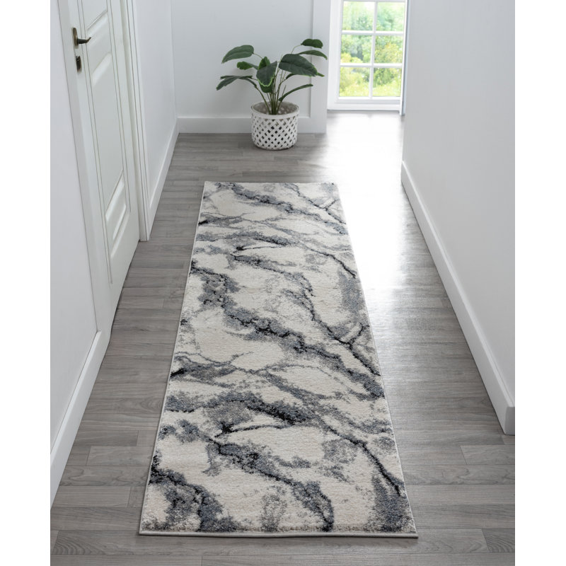 Tapis abstrait crème / bleu Paris Collection, Tapis de couloir 2 pi 1 po x 7 pi 4 po
