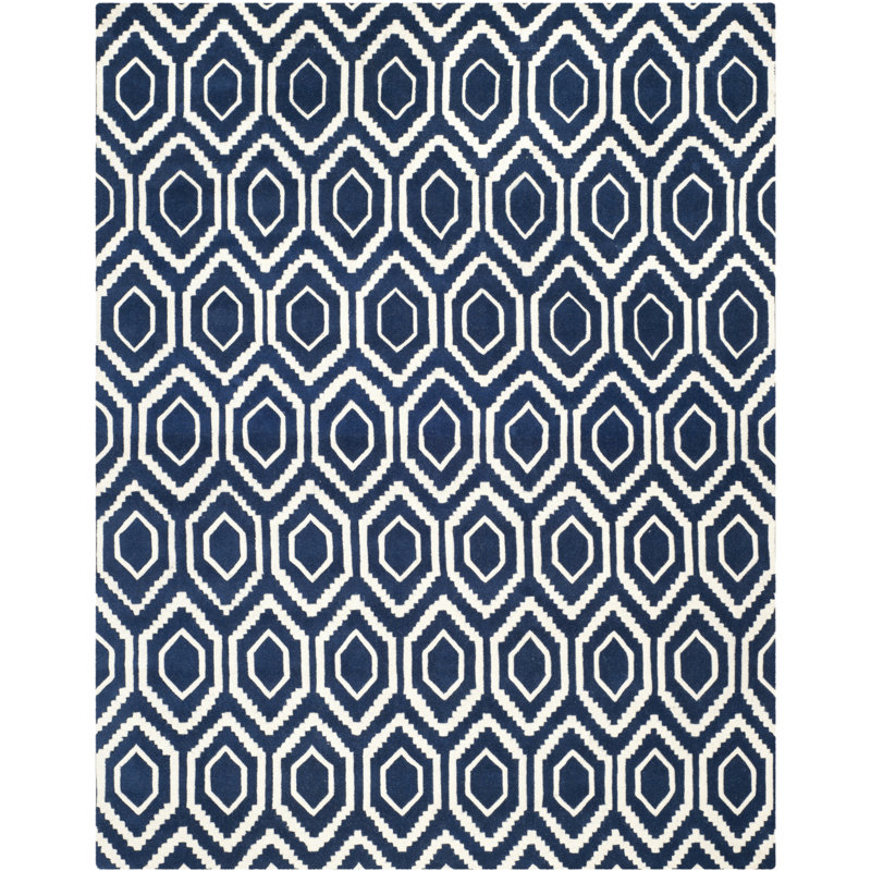 Huyet Geometric Wool Hand Woven Area Rug, Dark Blue/Ivory, Rectangle 122 x 183 cm