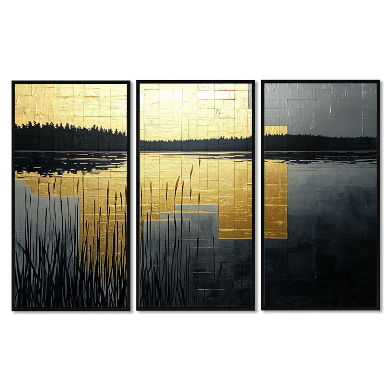 Or et noir, coucher de soleil, lac, simplicité, paysage abstrait, ensemble d'art mural sur toile, ensemble de 3
