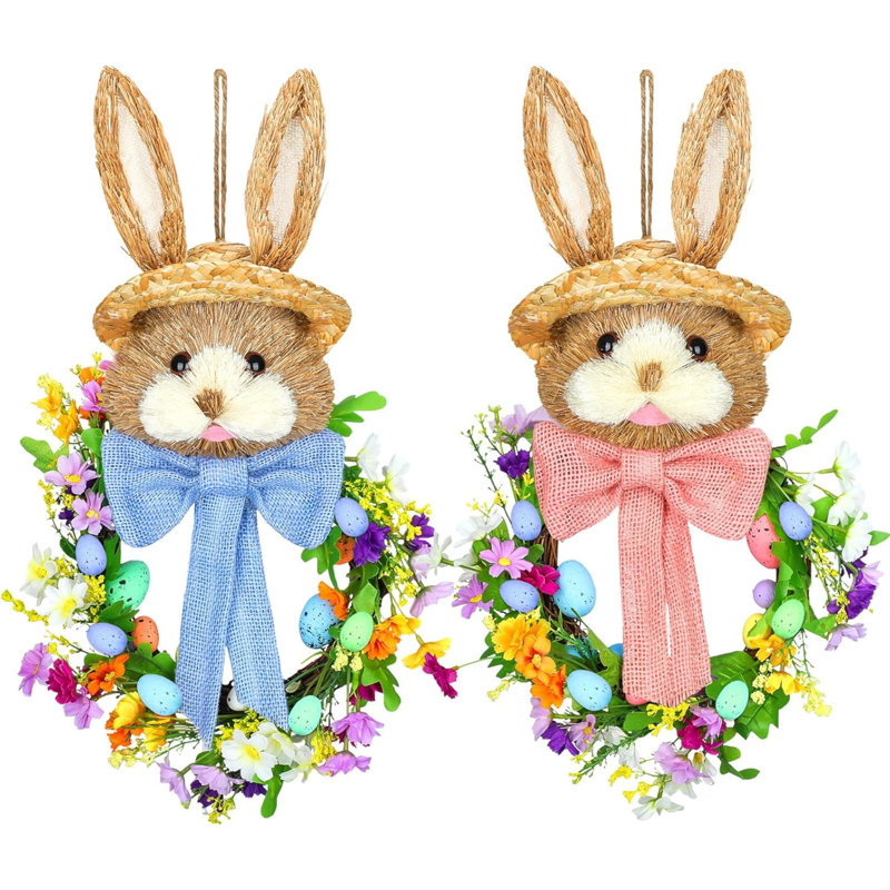 2 pièces Couronne de lapin de Pâques 18,1 "x 11,4" avec œufs colorés Couronne de Pâques artificielle fleurs mélangées Feuilles vertes suspendues en forme de lapin avec chapeau de paille et arc pour le mur de la porte d'entrée