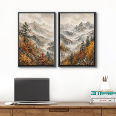 «Misty Mountain Lake with Colorful Autumn Forest», reproduction d'art sur toile encadrée, 2 pièces