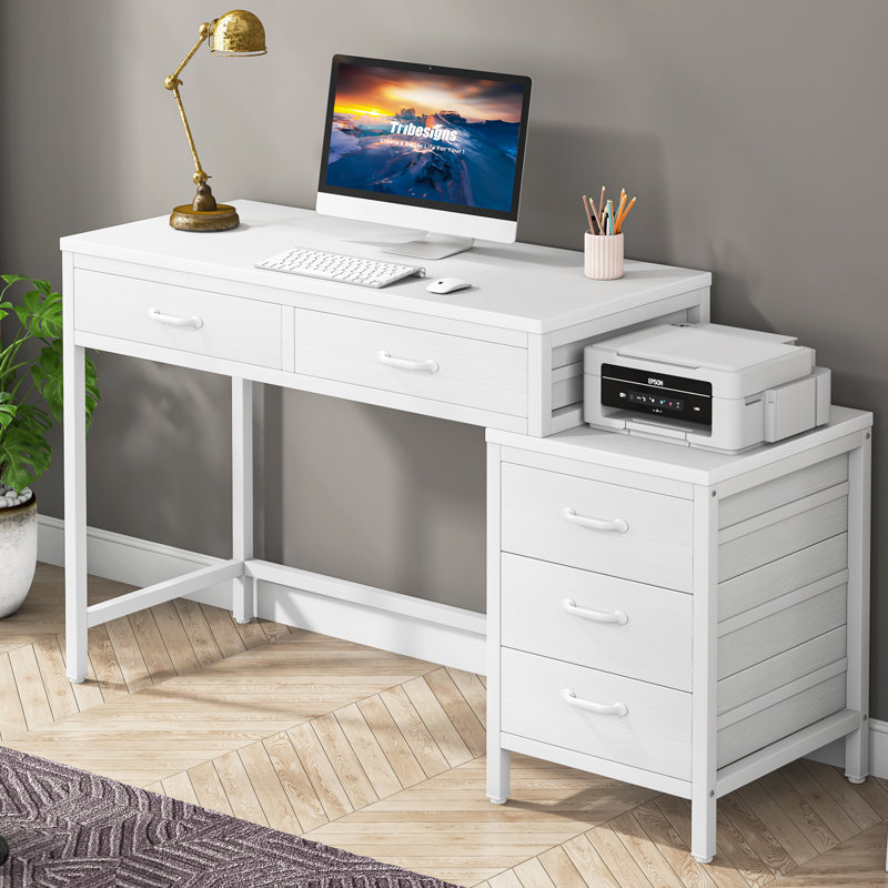 Bureau réversible de 51 po de largeur avec tiroirs, Blanc et blanc