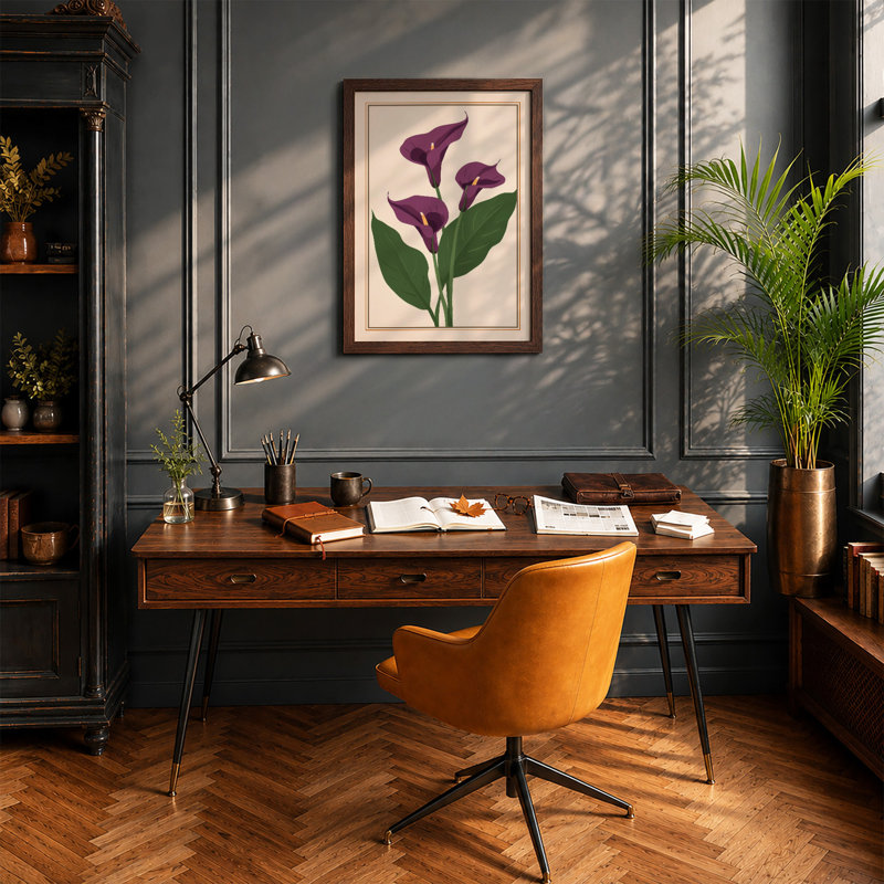 Purple Calla Lilies Botanical - Print, Walnut, A1 - 84.1 x 59.4 cm