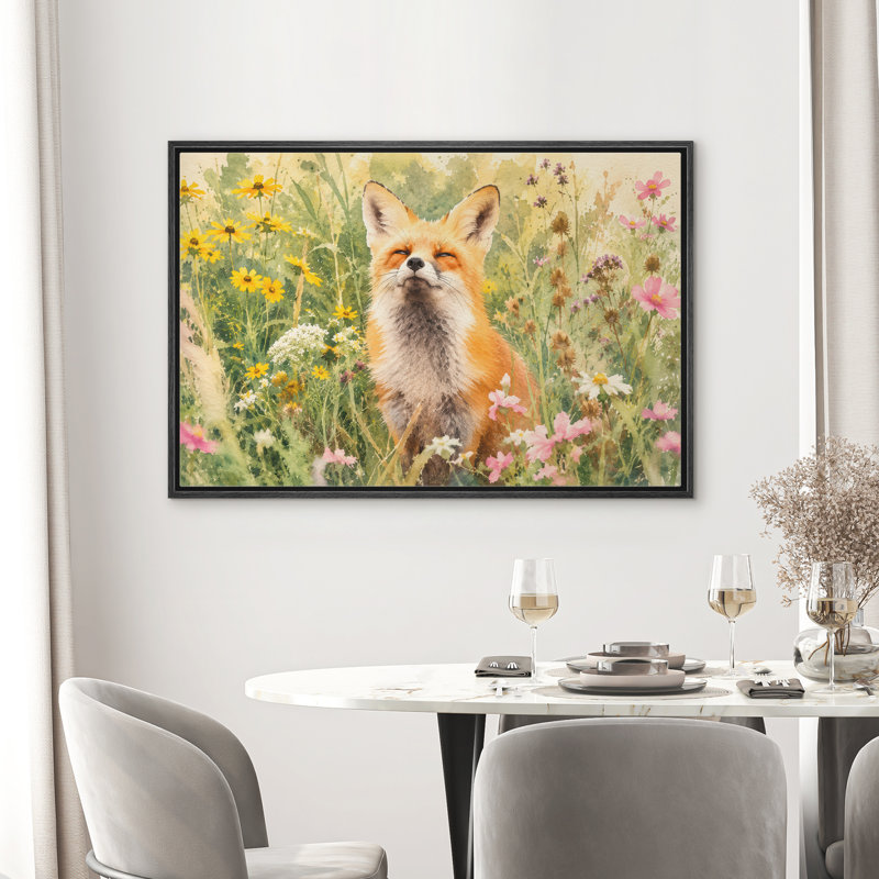 «Fox in Wildflowers», reproduction d'art sur toile encadrée dans la chambre principale, H 16 po x l 24 po x P 1,5 po, Noir