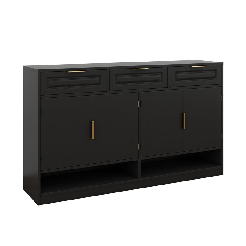 Buffet 59,1 po avec 3 tiroirs et 4 portes, armoire de rangement blanche avec tablette réglable et compartiments ouverts, Noir