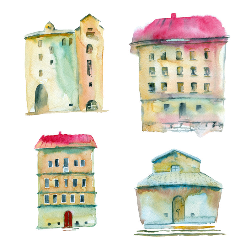 Watercolour Cartoon Houses 1 Piece Wrapped Canvas Wall Art, 122cm H x 122cm W x 3.8cm D