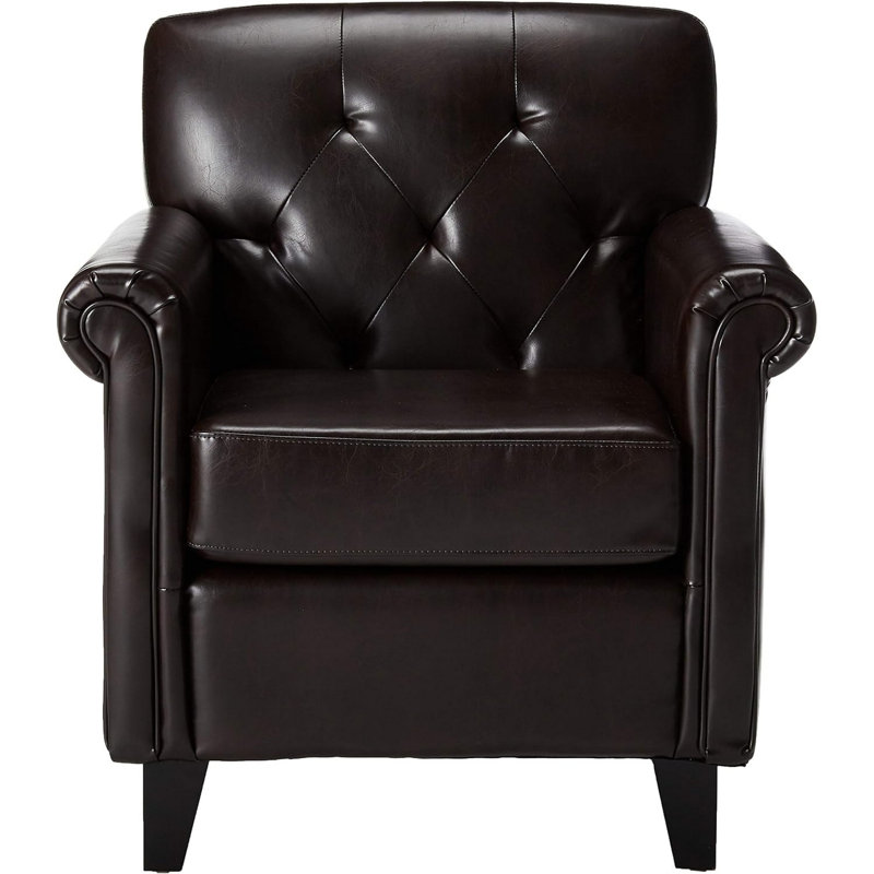 Fauteuil club décoratif, dossier capitonné, similicuir brun entièrement rembourré