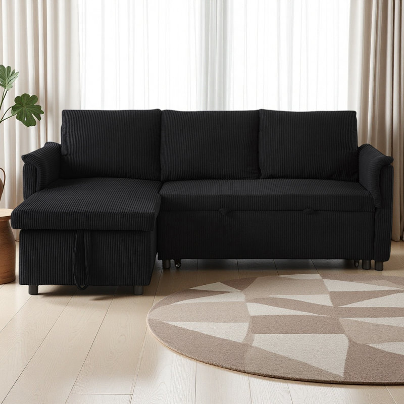Canapé avec méridienne convertible modulaire en L, Velours côtelé noir