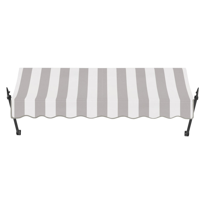 Awntech New Orleans Acrylic Fabric Fixed Awning with Iron Spear Arms, 24" H x 76.5" W x 16" D, Gray/White Stripe