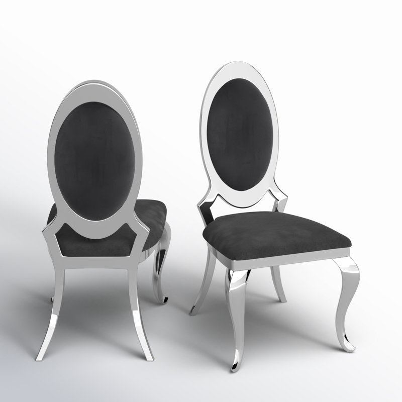 Amity Upholstered King Louis Back Side Chair with Stainless Steel Frame, Dark Gray, Silver