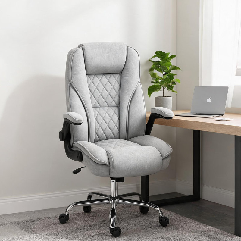 Fauteuil de direction en velours gris avec accoudoirs rabattables pour les espaces de travail compacts, conception contemporaine à motif de losanges