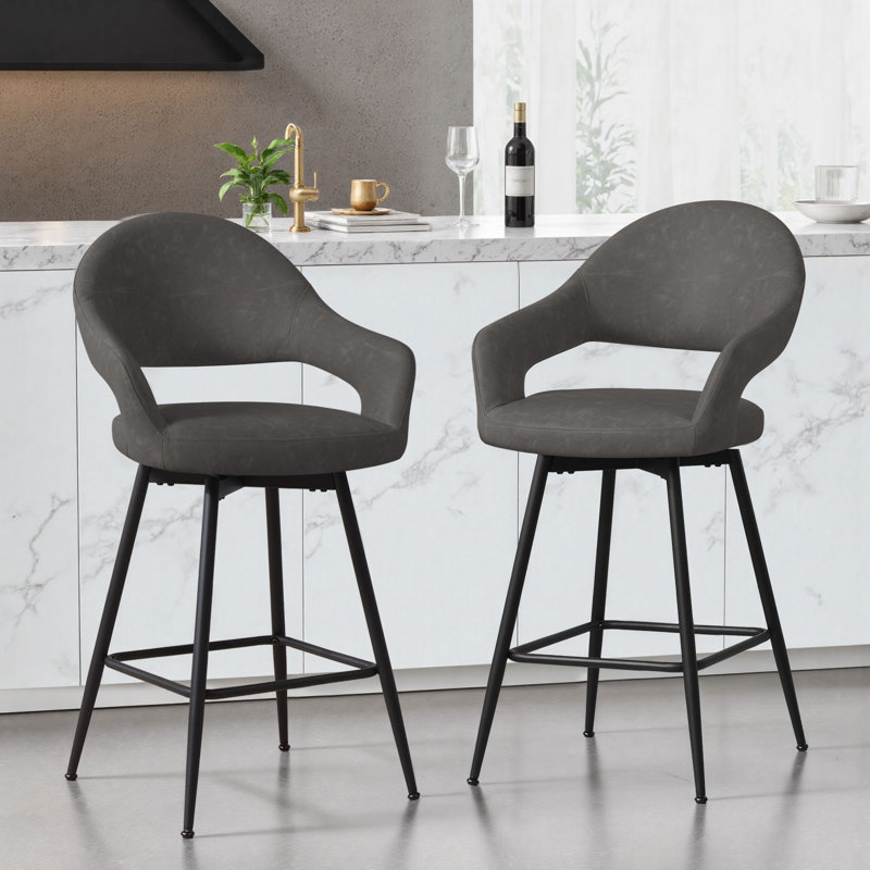 26" Faux Leather Counter Height Swivel Bar Stools, Gray, 4