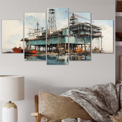 «Blue Oil Rigs Fields Industrial III», art mural sur toile - 5 panneaux