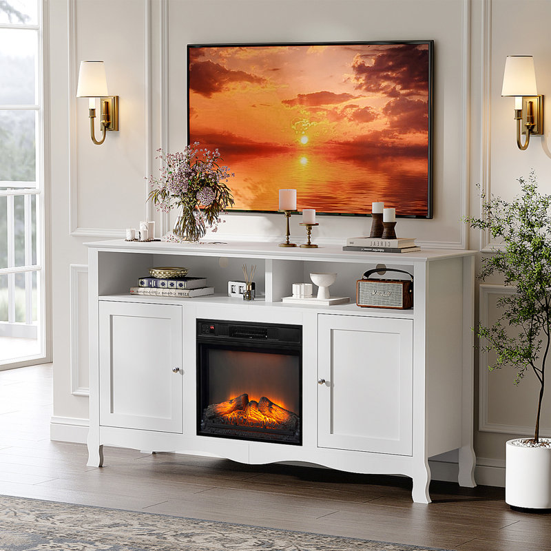 Meuble télé avec foyer, console multimédia, compatible avec foyer électrique, flammes 3D, réglage 62-82,, télécommande et minuterie