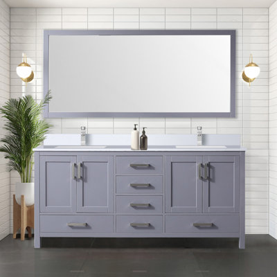 Meuble-lavabo double gris foncé de 72 po X P 22 po D, plateau en quartz blanc et Miroir