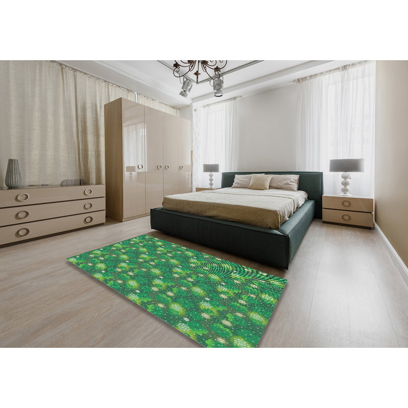 Tapis décoratif en laine faite à la machine florale et polyester vert, Rectangle 5 pi x 7 pi