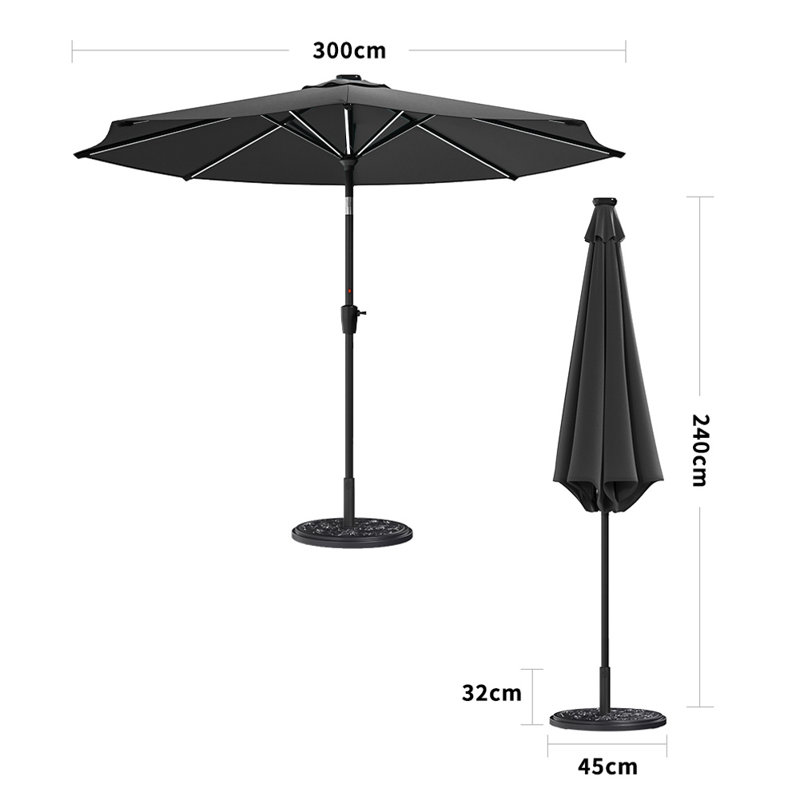 Aison 3m Traditional Parasol with LED Light, Dark Grey