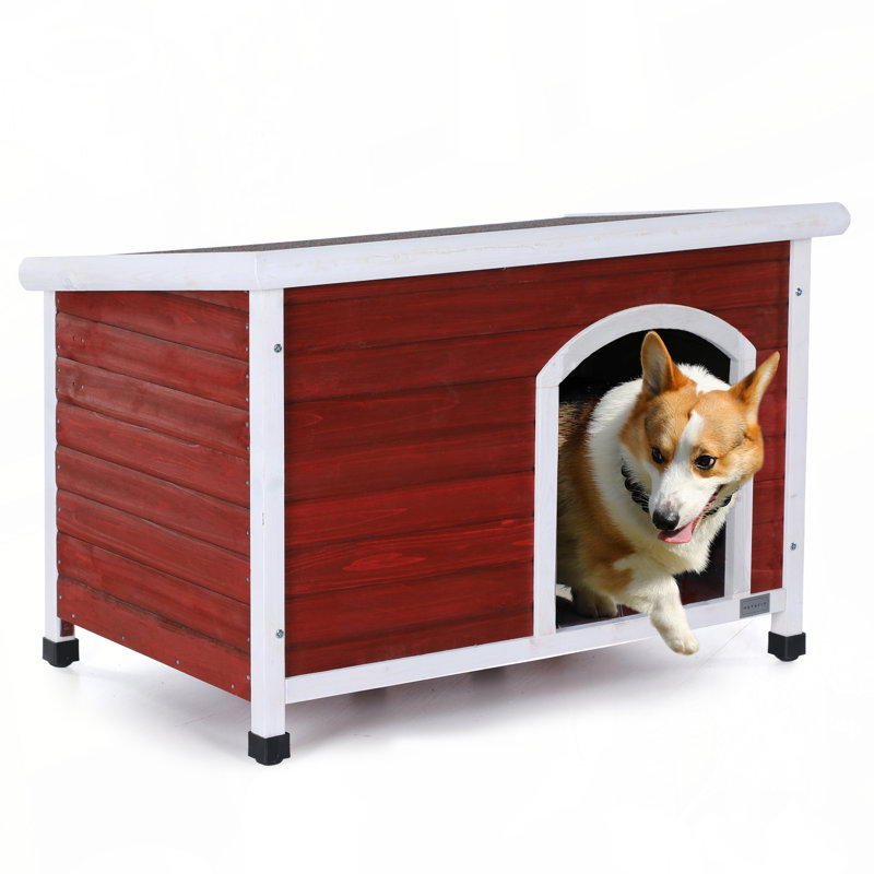 Niche pour chien d'extérieur moyenne en bois, toit imperméable, plancher surélevé, pieds en plastique réglables, rouge, Rouge