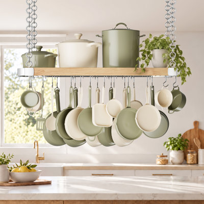 Grand support à casseroles suspendu de 48 pouces avec support pour casseroles et casseroles à capacité élevée de 130 lb avec support à casseroles et 20 crochets, cintres robustes pour la cuisine, noir mat