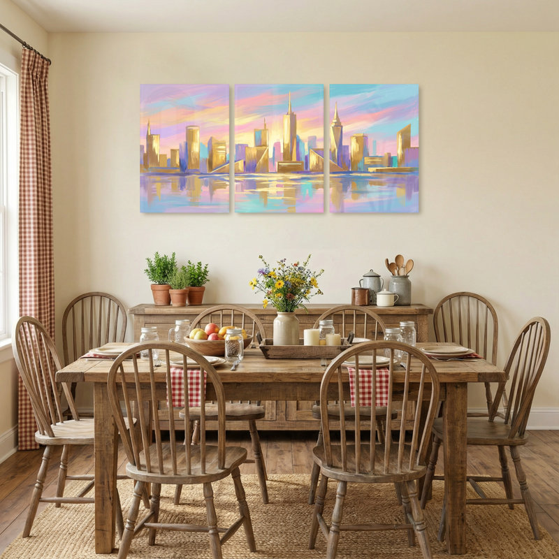 «Abstract City Skyline Sunset Reflection», ensemble de 3 impressions sur toile, 24” H x 48” W