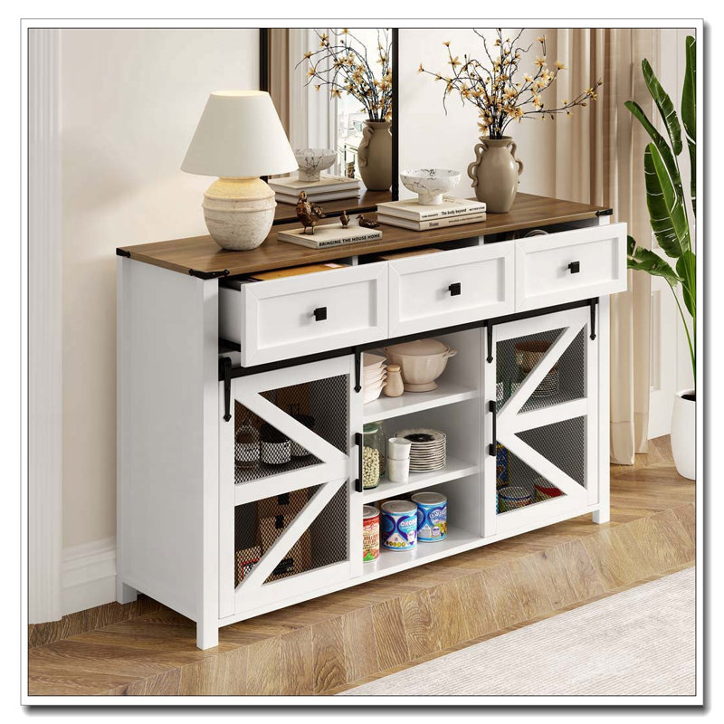 Buffet de porte de grange coulissante 55 "avec tiroirs, tablettes réglables et portes grillagées en métal, Blanc