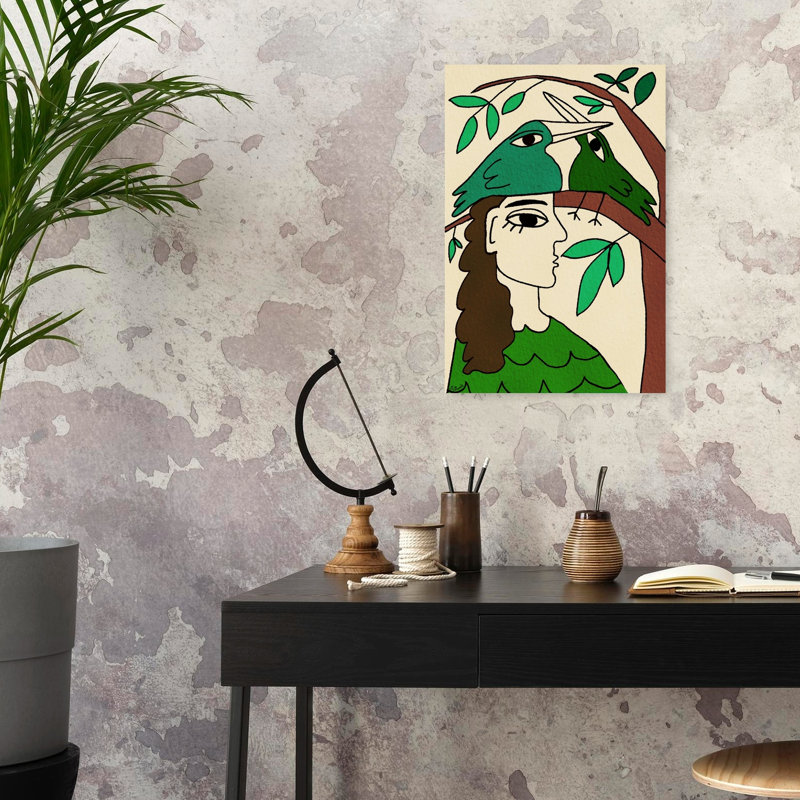 «Woman with Green Birds», reproduction d'art biologique moderne, arbre paisible, H 24 po x l 16 po