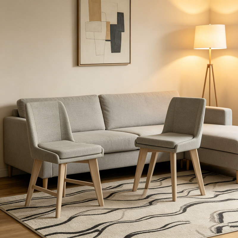 Ensemble de 2 chaises de salle à manger rembourrées en lin moderne, pieds en bois massif sans accoudoirs pour la salle à manger