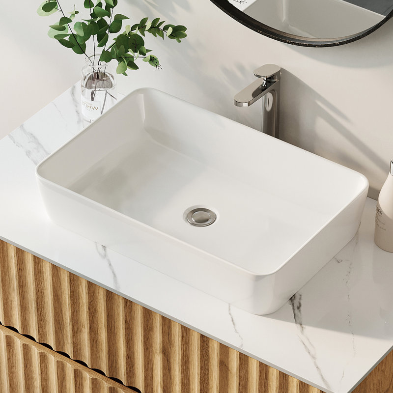 Lavabo vasque rectangulaire en céramique, H 4,33 po x L 19,7 po x l 13,4 po, pour trou de comptoir de 3,35 po