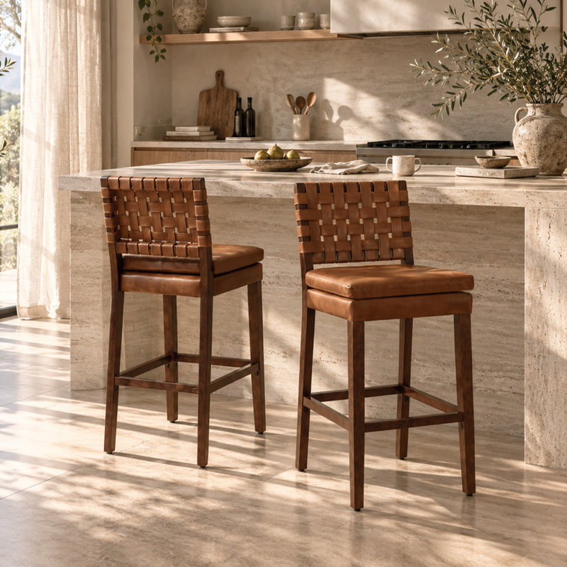 Tabouret de bar en bois massif avec dossier rembourré Modern, Brun, 26