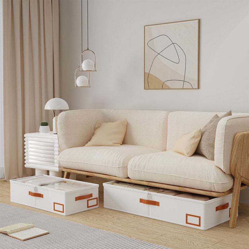 Rangement sous le lit, lot de 2 organisateurs de placard, sacs de rangement pliables, avec fente pour cartes de tri et 4 poignées en cuir, beige
