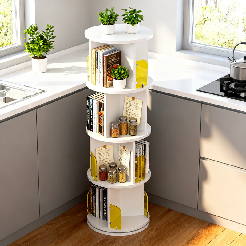 Bibliothèque pivotante à 360 degrés, bibliothèque d'angle à 4 niveaux avec déflecteurs en acrylique pour un rangement et une présentation peu encombrants dans le salon, la chambre à coucher ou le bureau