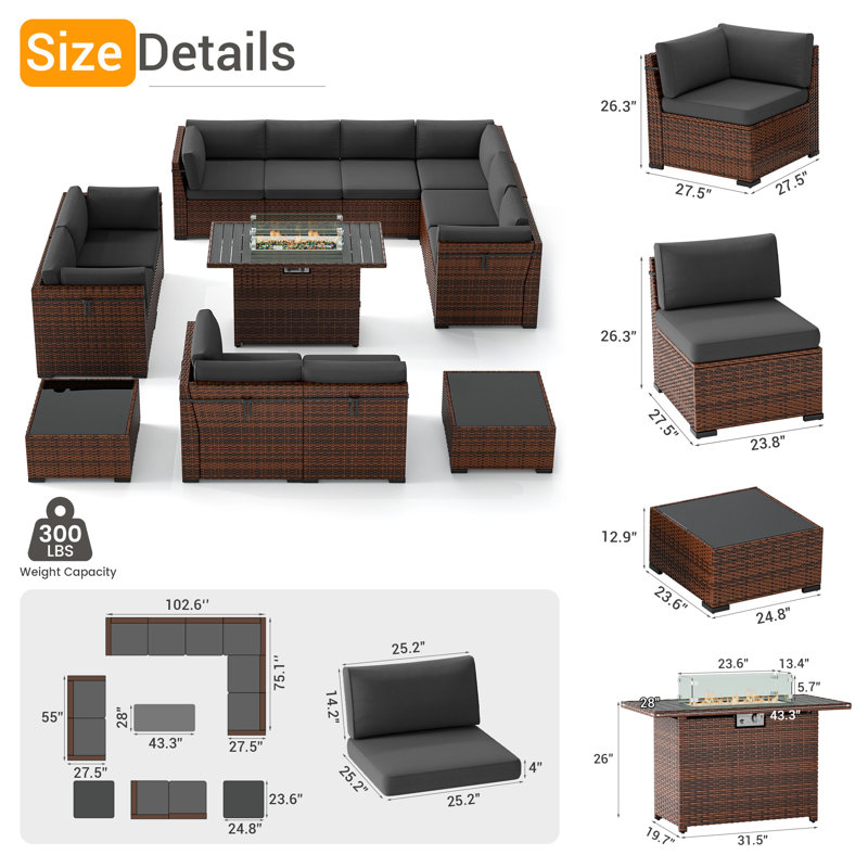 Treyshun 10 - Person Outdoor Seating Group with Fire Pit Table, Gray