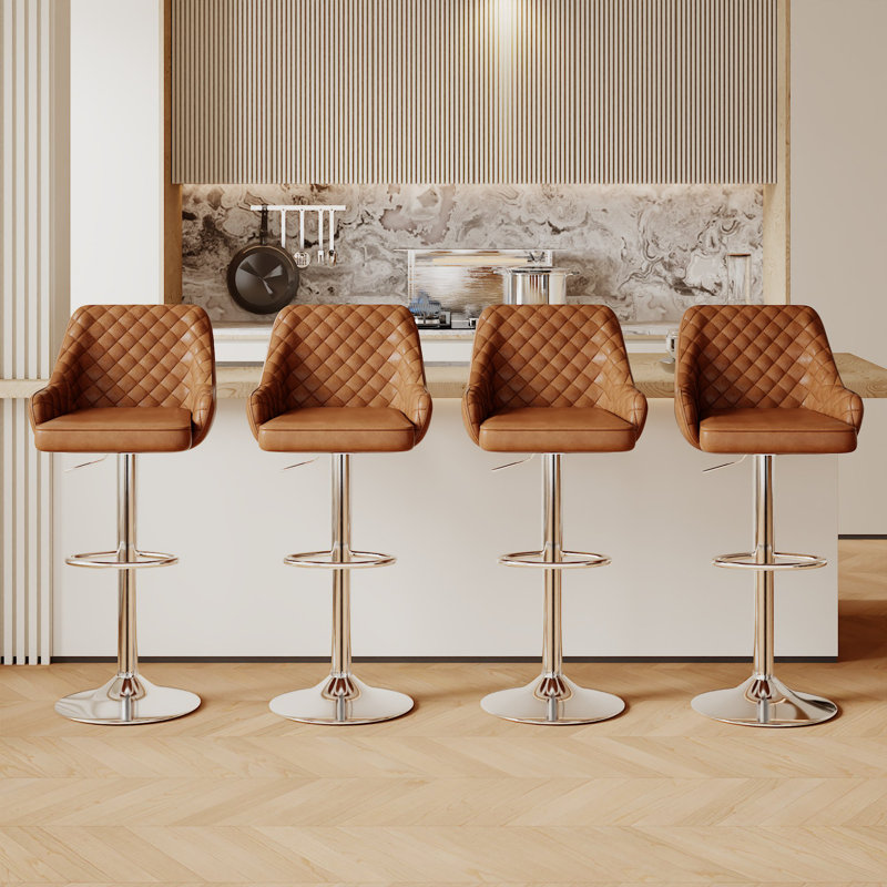 Aryelle Bar Stools Set of 4, Adjustable Counter Height Stools with Back and Arm, Modern Swivel Bar Chairs with Footrest, Upholstered PU Leather Kitchen Island Stools, Brown