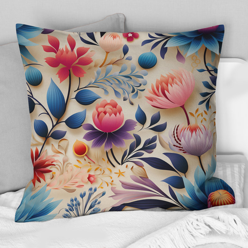 Coussin décoratif à motif floral marocain II, H 16 po x l 16 po