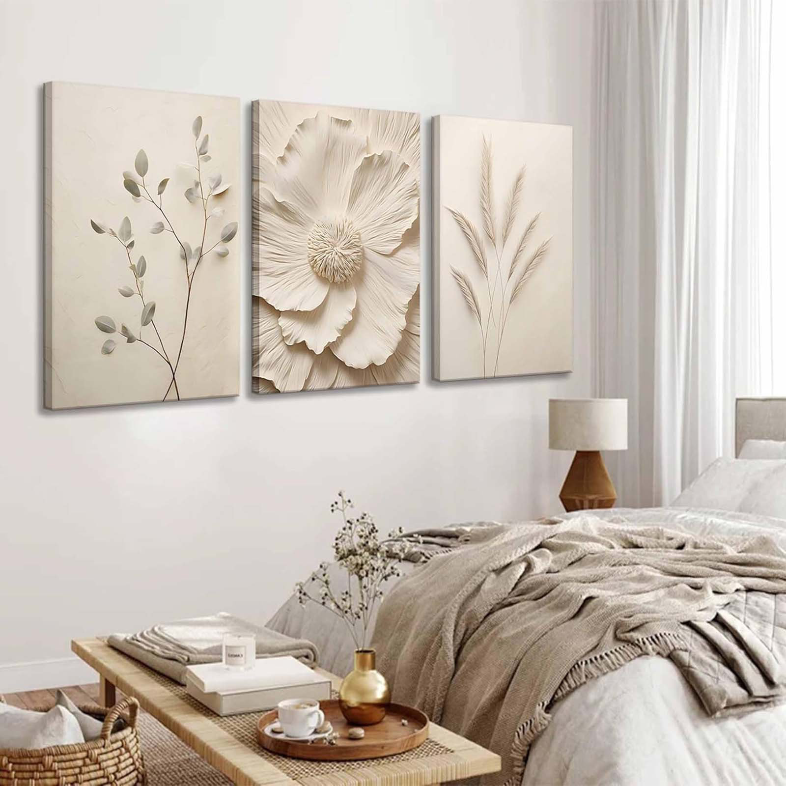 Latitude Run® 3Pcs Neutral Beige Floral Plant Canvas Wall Art Textured ...