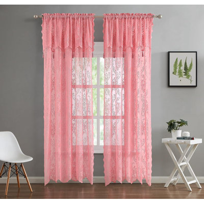 Rosdorf Park Pair Of 2 Sheer Lace Curtain Panels with Attached Matching Valance With 6 Tassels.
