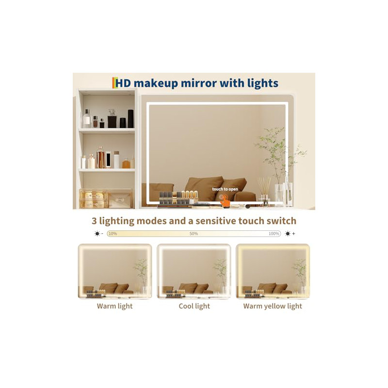 52" Fluted Makeup Vanity Desk with 43" Large Mirror and Lights, Modern Glass Top Vanity Table with 6 Storage Drawers, White