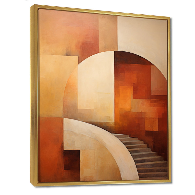 «Stairway To The Side» - Collages abstraits, art mural, H 32 po x l 24 po x P 1 po, Toile avec cadre flottant or