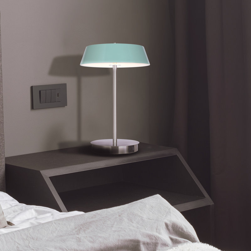 Pretoria 14 In. Integrated LED Brushed Nickel Table Lamp With Teal Metal Shade, On/Off Touch, And USB Chargeports, Teal