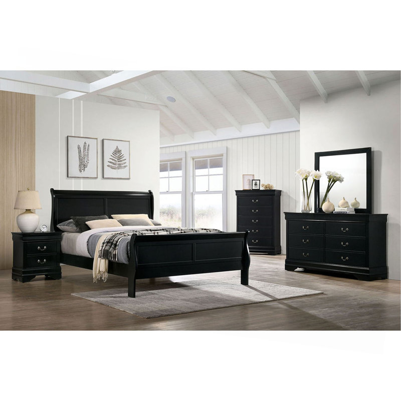 Lit Louis Phillipe lit en bois massif 1pièce lit de style contemporain, Noir, Lit double