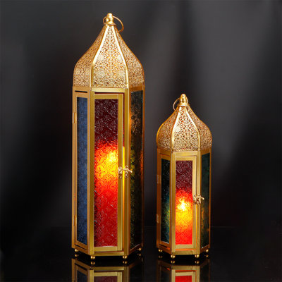 2 Piece Metal Glass Tabletop Lantern Set