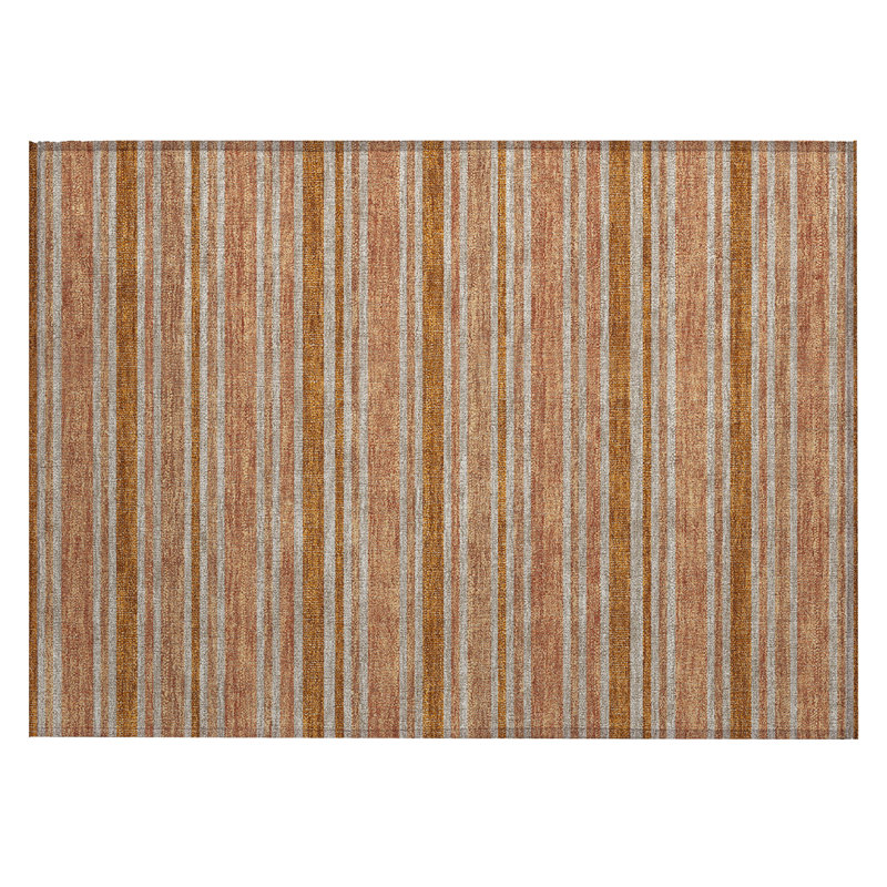2' X 3' Beige and Orange Striped Washable Non Skid Indoor Outdoor Area Rug