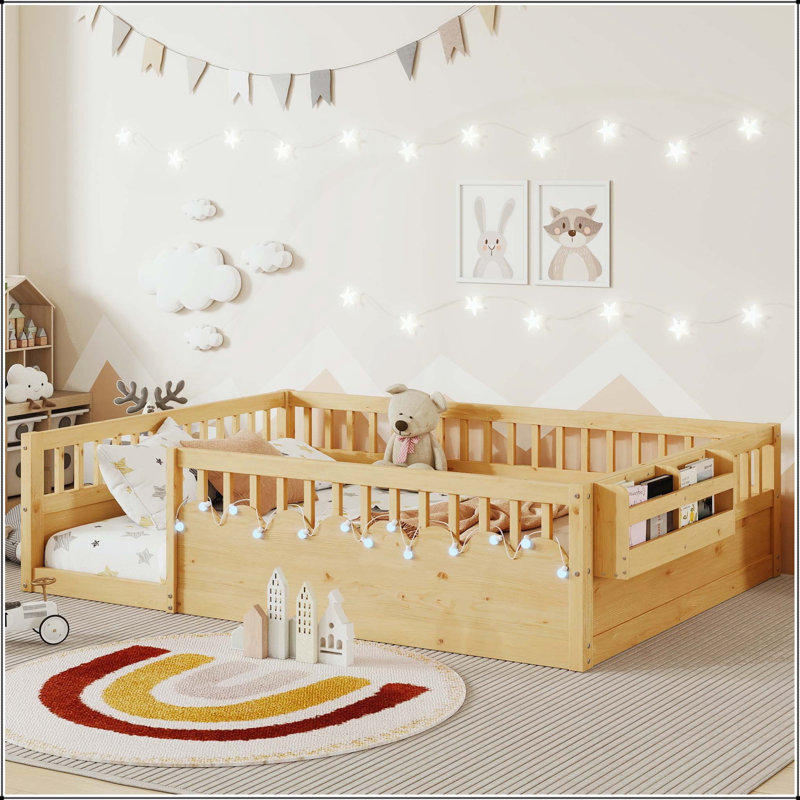 Lit sur pied Montessori avec garde-corps hauts, lumière DEL et tablette de rangement, Lit double, Naturel