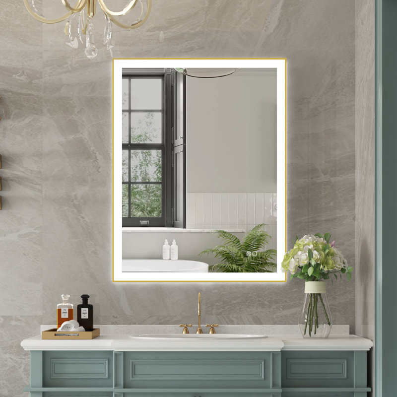 Edlun Bathroom Framed LED Mirror Anti-Fog With Dimmable Light Touch Sensor And Memory Function, 36" x 28", Gold