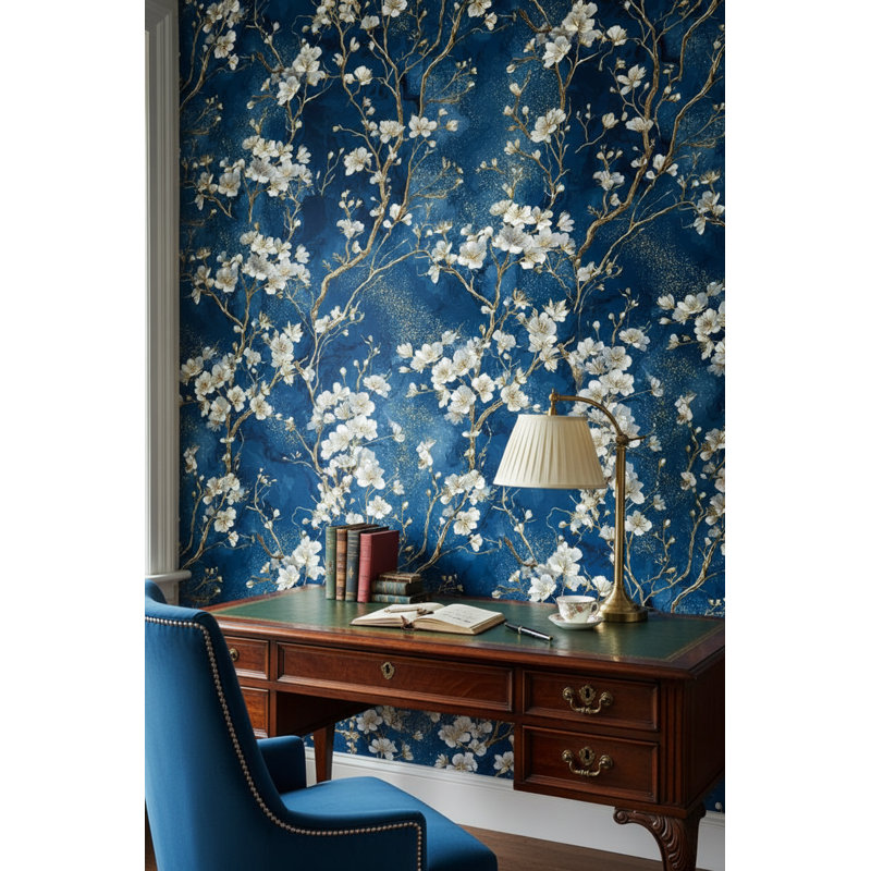 Papier peint floral, décoration murale or bleu