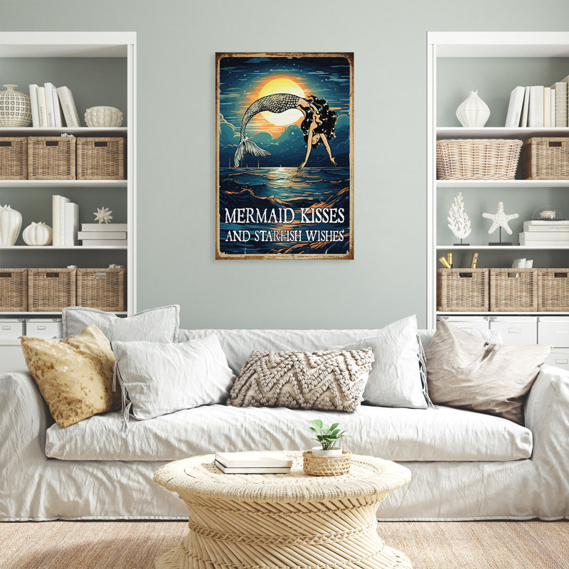 «Mermaid Under Moon - Mermaid Kisses And Starfish Wishes», reproduction d'art graphique sur toile tendue 1 pièce