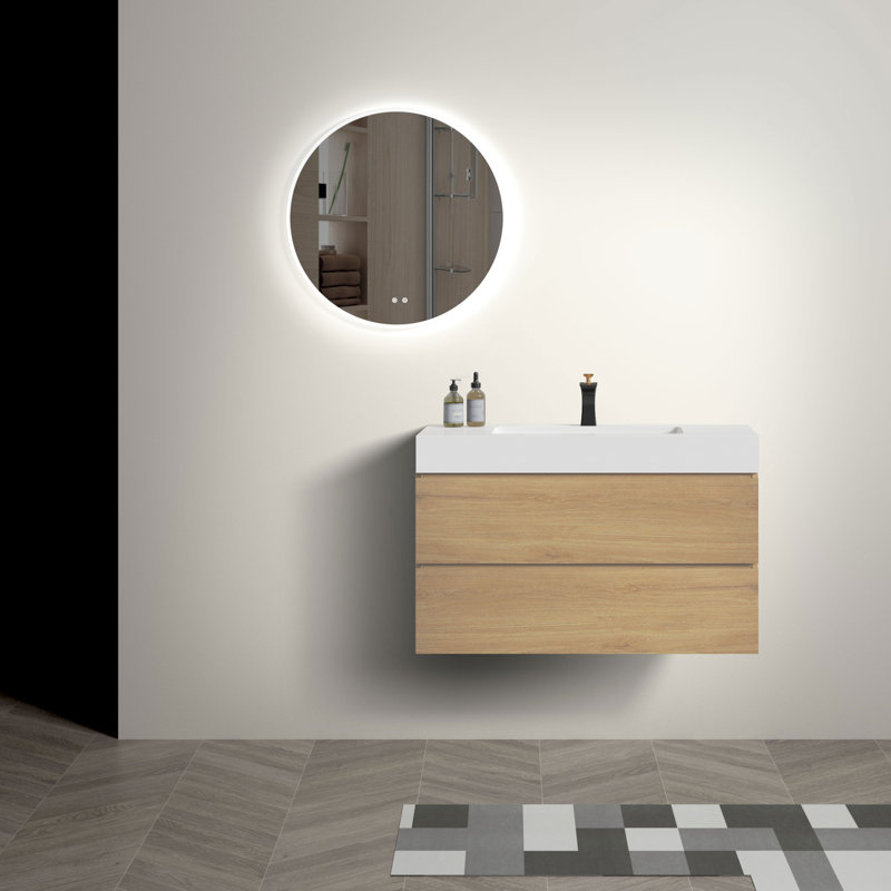 36" Bathroom Vanity In Black And Oak - Style, Wall Mounted, Spacious Interior Bath Unit Oak, Basin, Storage Compartments, Oak