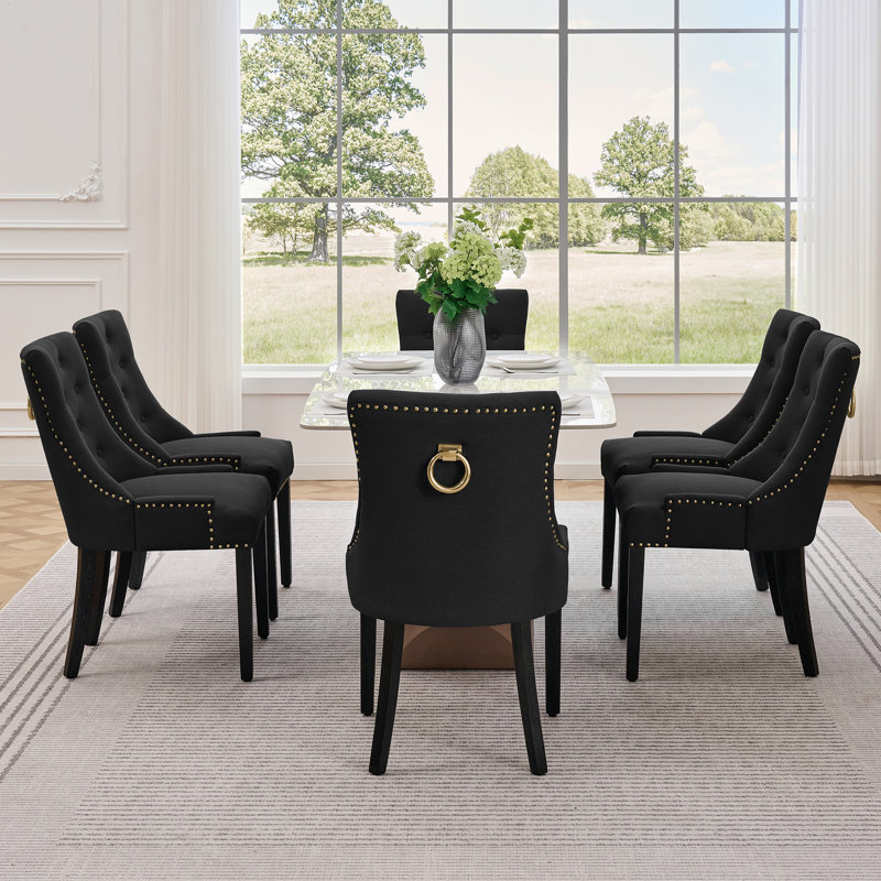 Linen Upholstered Solid Wood Dining Chairs (Set Of 2), Black, Black